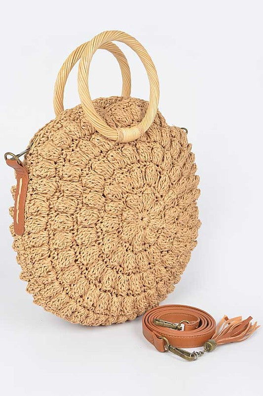 Wooden Handle Crochet Straw Circle Bag