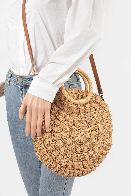 Wooden Handle Crochet Straw Circle Bag