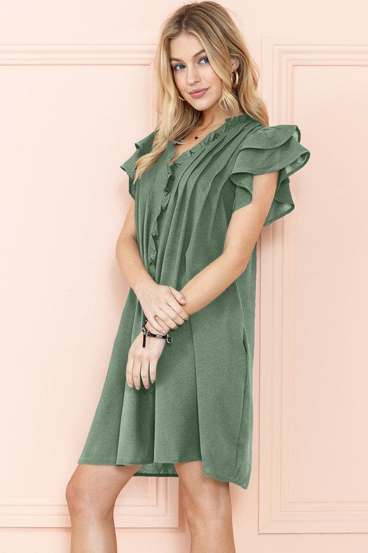 Ruffle Sleeve V neck Green, Black dress w/ pocket