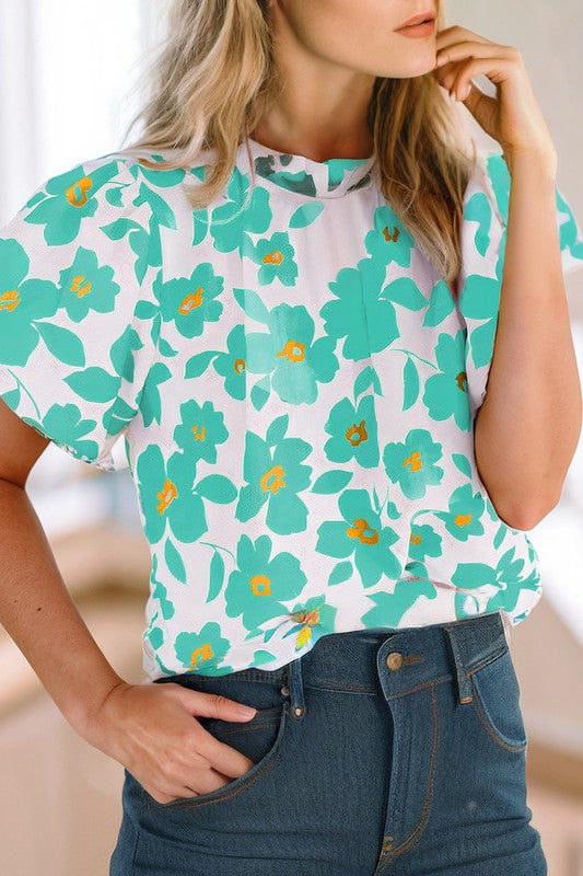 Floral Puff Sleeve Frilled Neckline Blouse