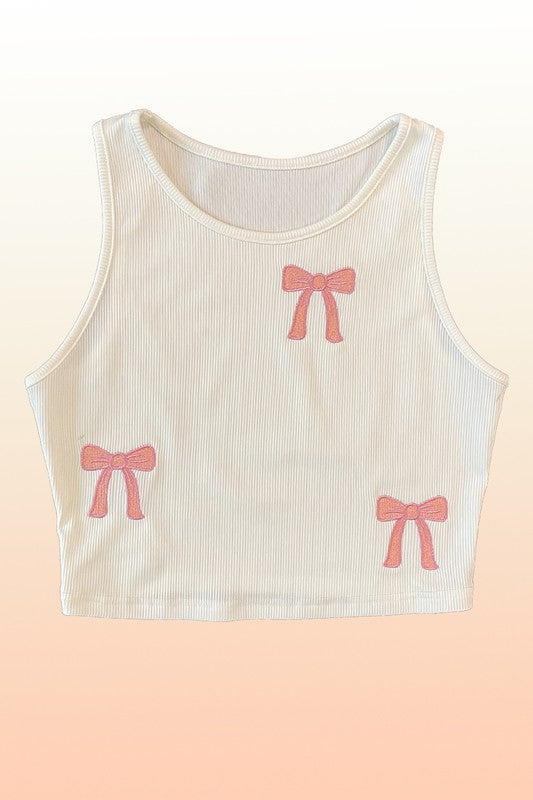 Ribbed knit bow embroidered tank