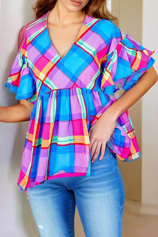 Colorful Plaid V Neck Ruffled  Sleeve Babydoll Top