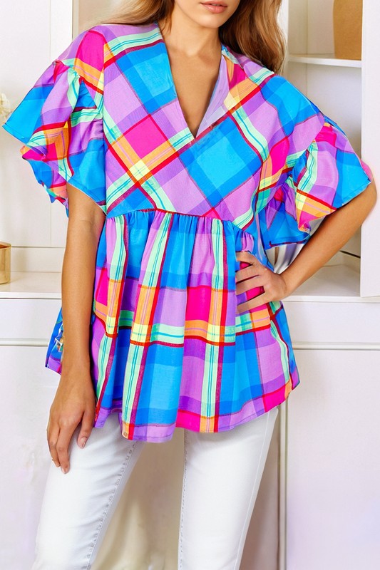 Colorful Plaid V Neck Ruffled  Sleeve Babydoll Top