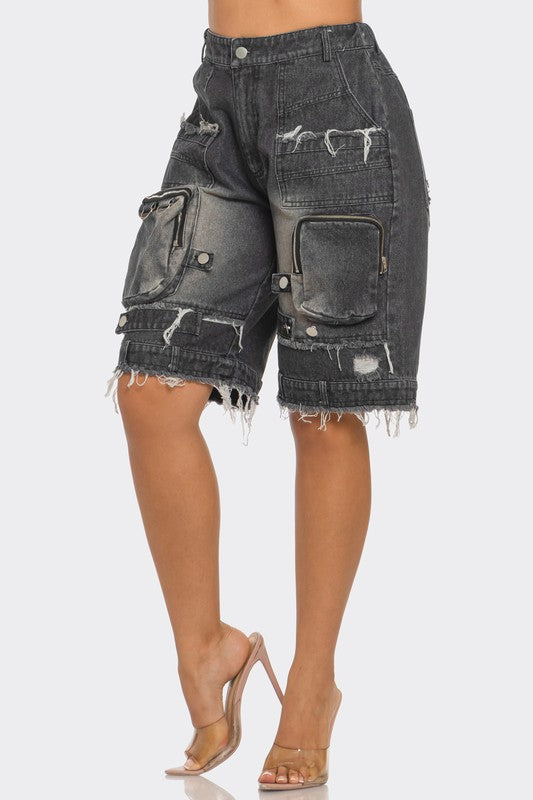 Utility-Chic Frayed Denim Casual Cargo Shorts