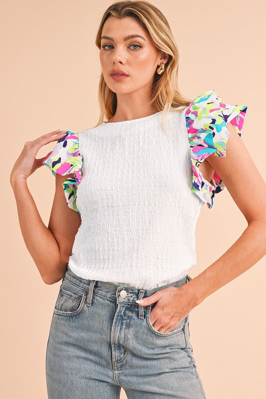 Voluminous Printed Puff Sleeve Textured Top