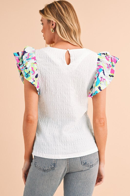 Voluminous Printed Puff Sleeve Textured Top