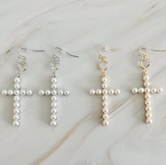 Pearl Cross Dangle Earrings