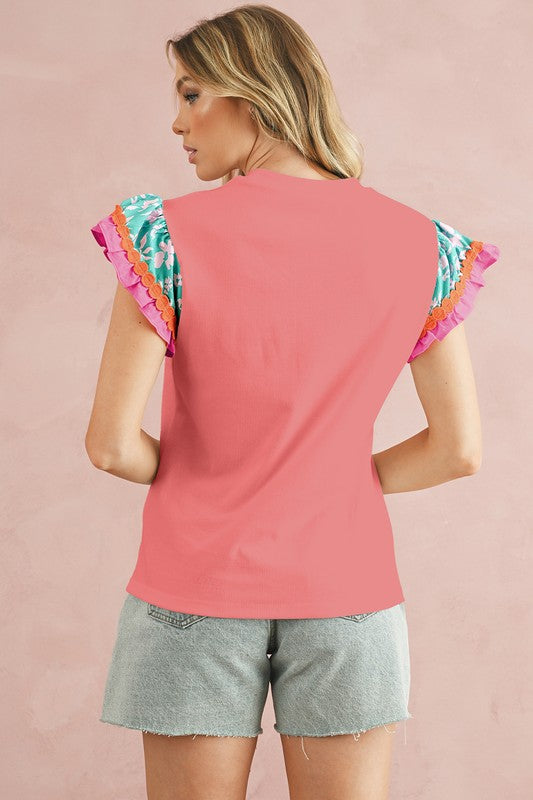 Contrast Ricrac Floral Sleeve Top