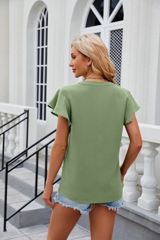 Women V Neck Chiffon Blouse Short Sleeve