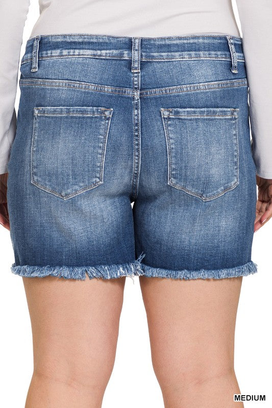 Plus Mid Rise Raw Frayed Hem Denim Shorts