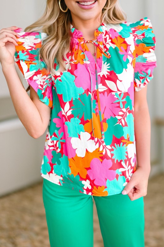 Floral Tie Split Neck Ruffle Trim Blouse