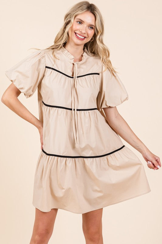 Piping Detailed Babydoll Mini Dress