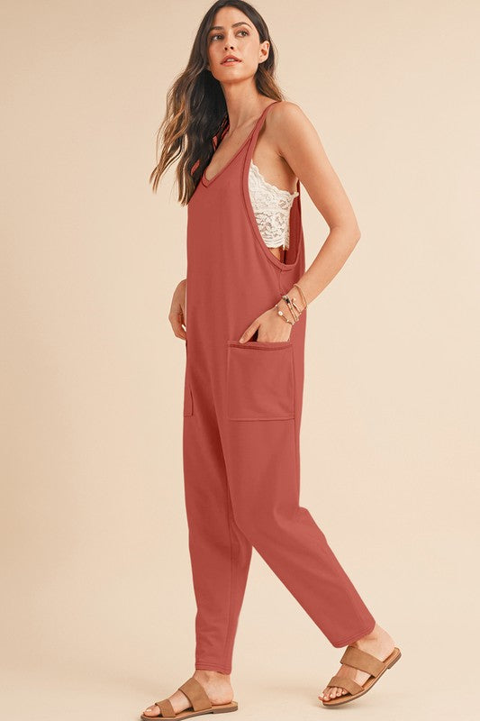 Side Pockets Pants Sleeveless V Neck Jumpsuit