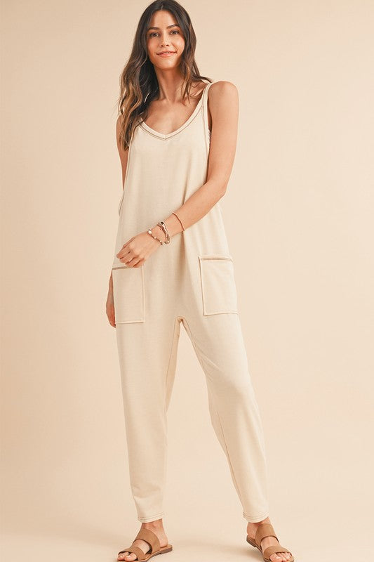 Side Pockets Pants Sleeveless V Neck Jumpsuit