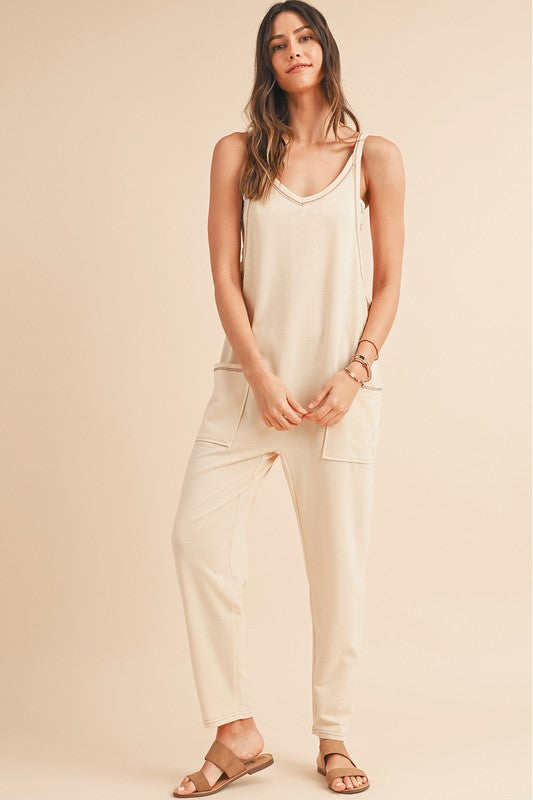 Side Pockets Pants Sleeveless V Neck Jumpsuit