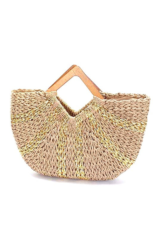 Wooden Handle Metallic Straw Basket Tote