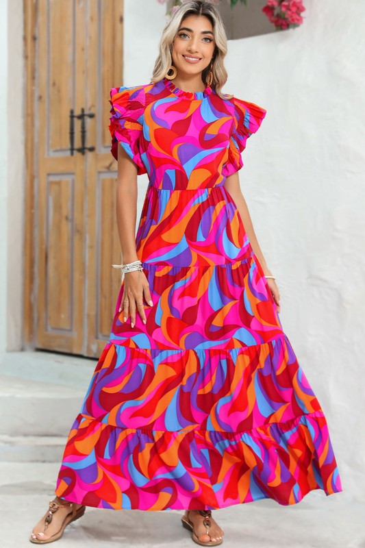 Abstract Print High Waist Ruffle Tiered Maxi Dress