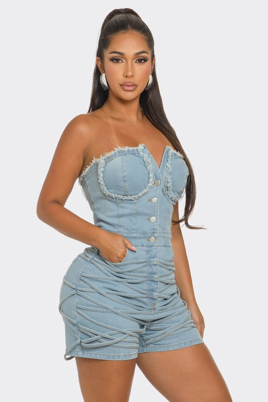 Frayed Edge Denim Corset Romper