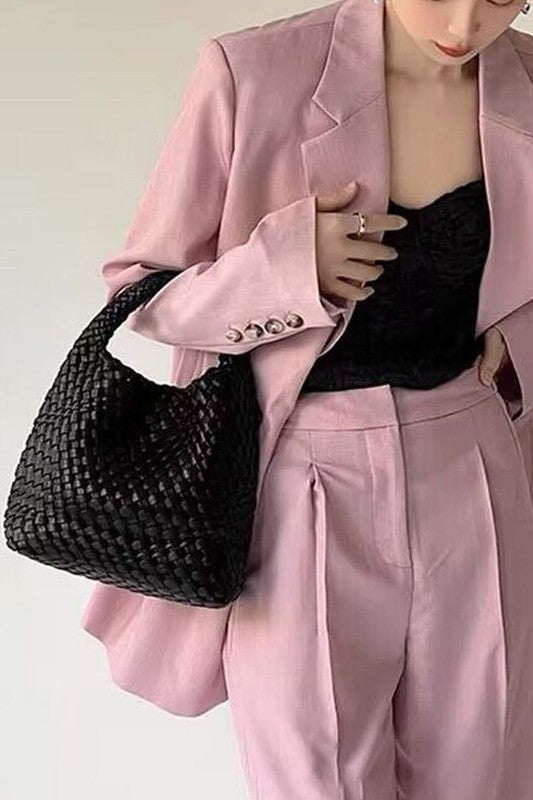 2 In 1 Weaved Faux Leather Top Handle Bag Set