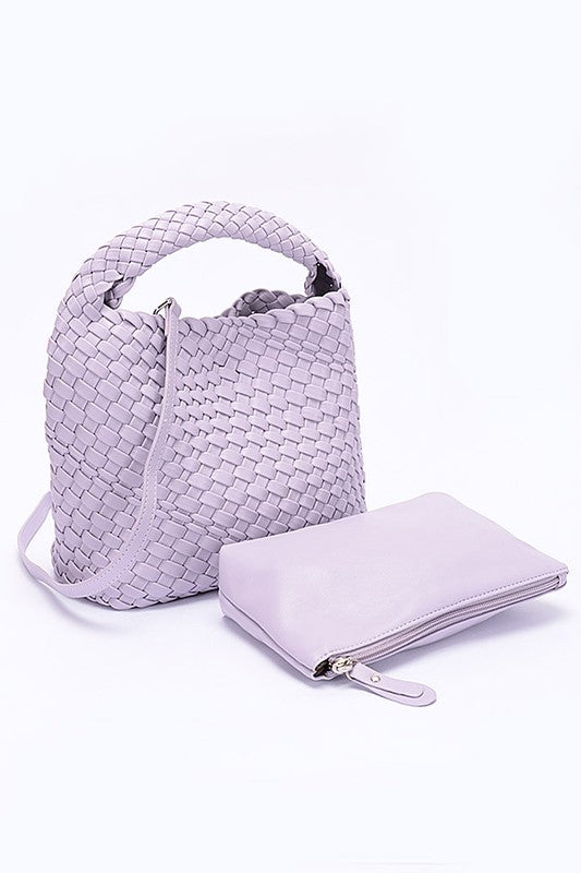 2 In 1 Weaved Faux Leather Top Handle Bag Set