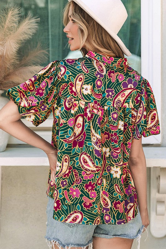 Women V Neck Short Bubble Sleeve Paisley Blouse