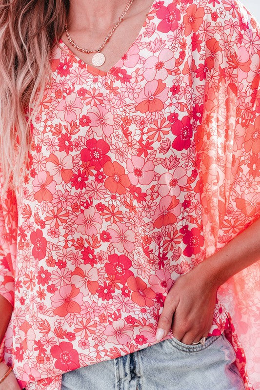 Women Boho Floral V Neck Kimono Style Blouse