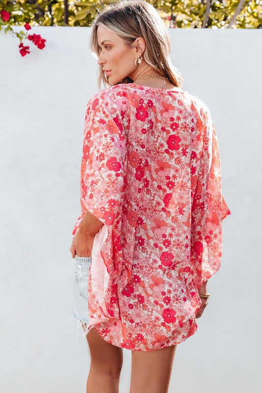 Women Boho Floral V Neck Kimono Style Blouse