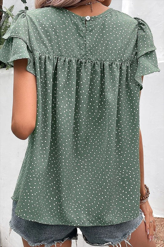 Women-Dotted Ruffle Sleeve Crew Neck Ruched Blouse