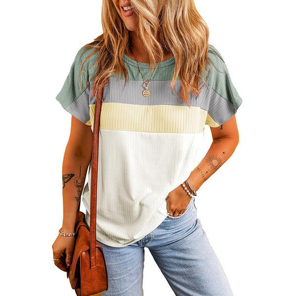 Women Ribbed Color Block Patchwork T-shirt