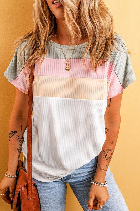 Women Ribbed Color Block Patchwork T-shirt