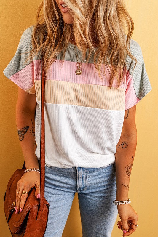 Women Ribbed Color Block Patchwork T-shirt