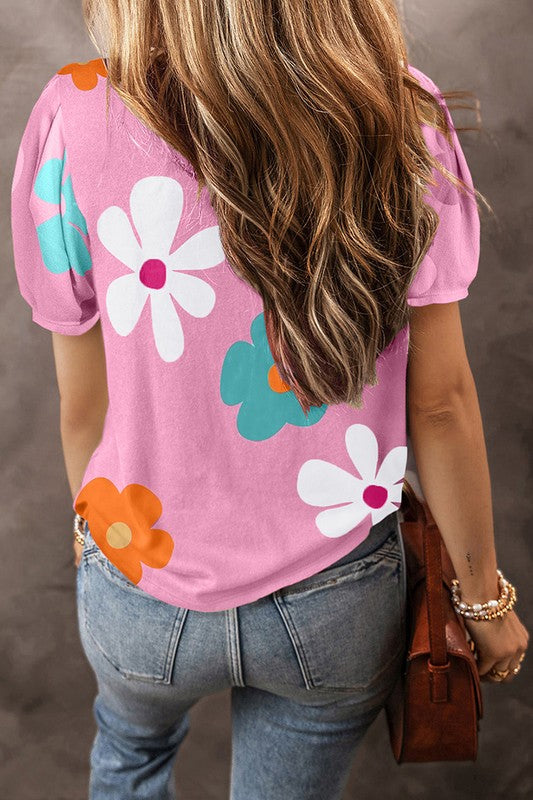 Woemn Pink Flower Print Bubble Sleeve Tee