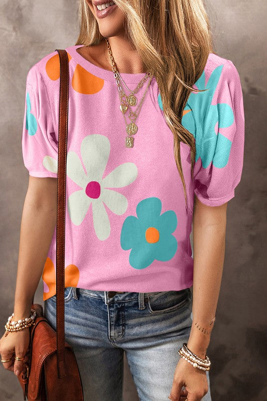 Woemn Pink Flower Print Bubble Sleeve Tee