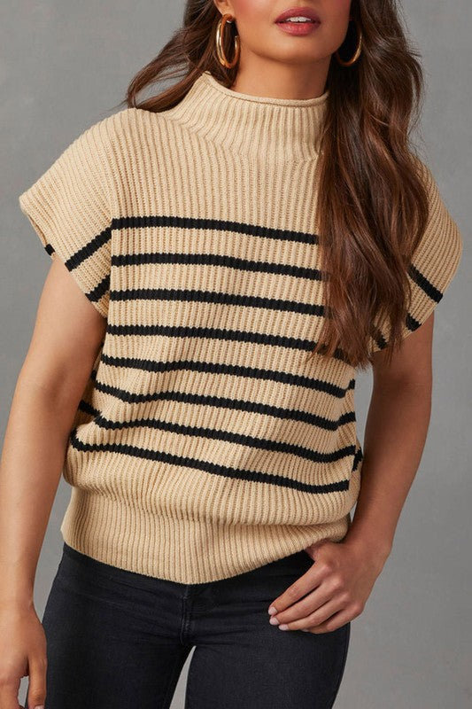 Women Striped Ribbed Knit High Neck Sweater