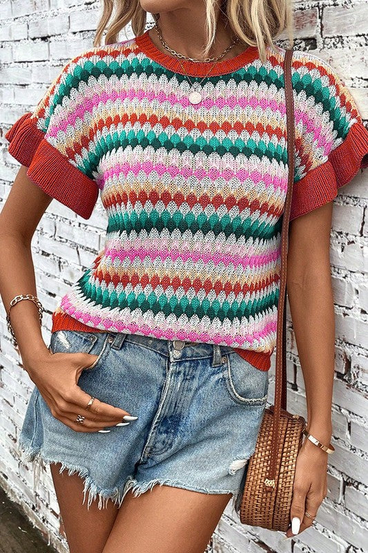 Women Ruffle Sleeve Colorful Textured Sweater