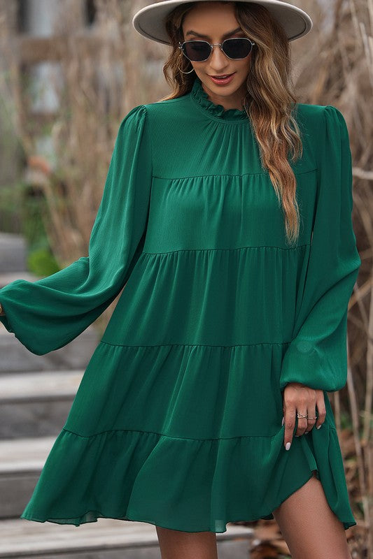 Women Puff Sleeve Mock Neck Back Knot Tiered Dress