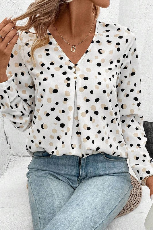 Dotted Print Button Front V Neck Blouse