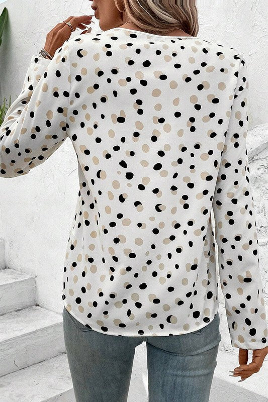 Dotted Print Button Front V Neck Blouse