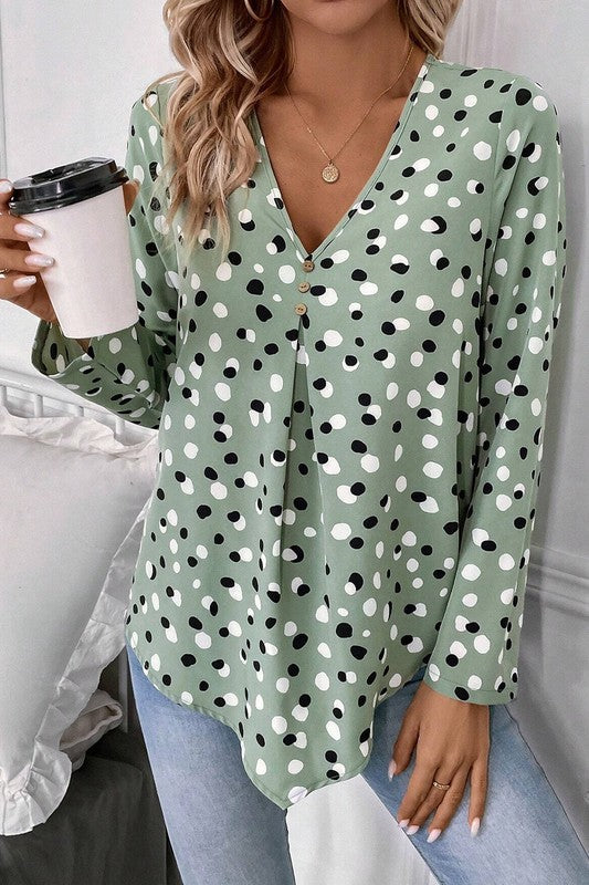 Dotted Print Button Front V Neck Blouse