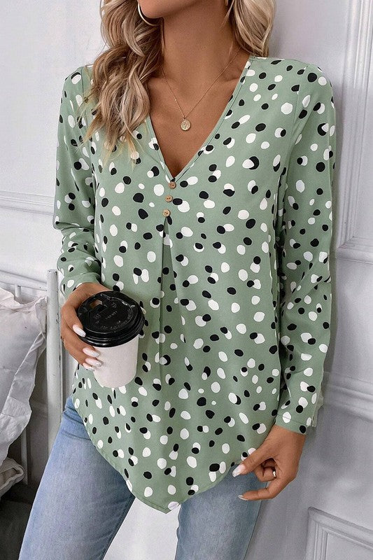 Dotted Print Button Front V Neck Blouse