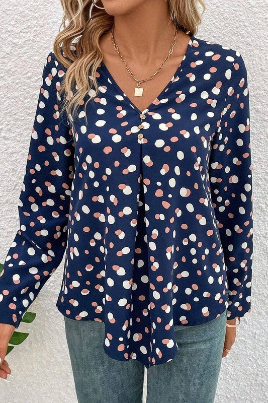 Dotted Print Button Front V Neck Blouse