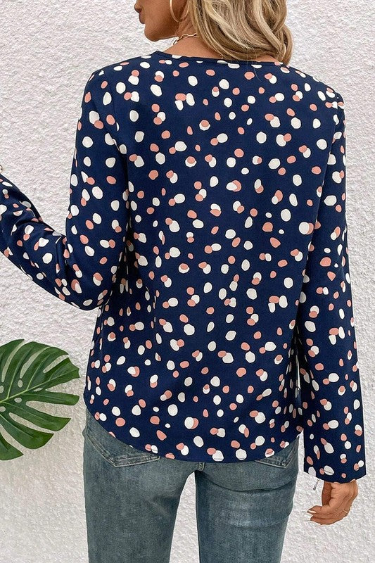 Dotted Print Button Front V Neck Blouse