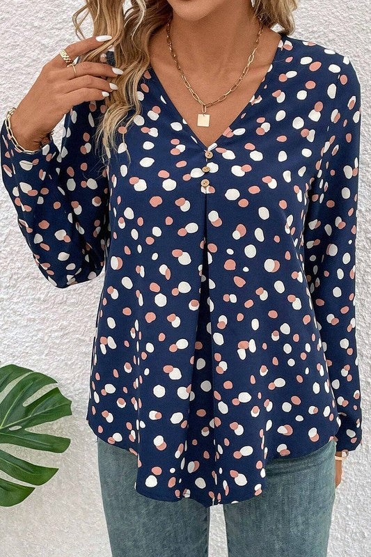 Dotted Print Button Front V Neck Blouse