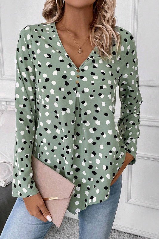 Dotted Print Button Front V Neck Blouse