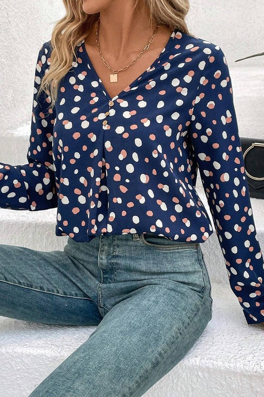 Dotted Print Button Front V Neck Blouse