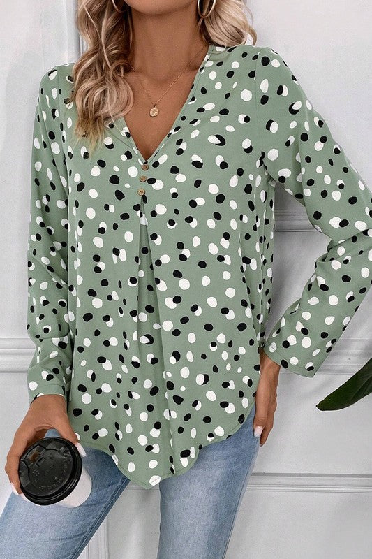 Dotted Print Button Front V Neck Blouse