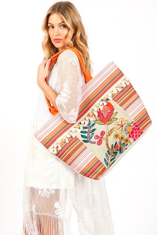 Boho Flower Beaded Embroidered Oversize Tote Bag