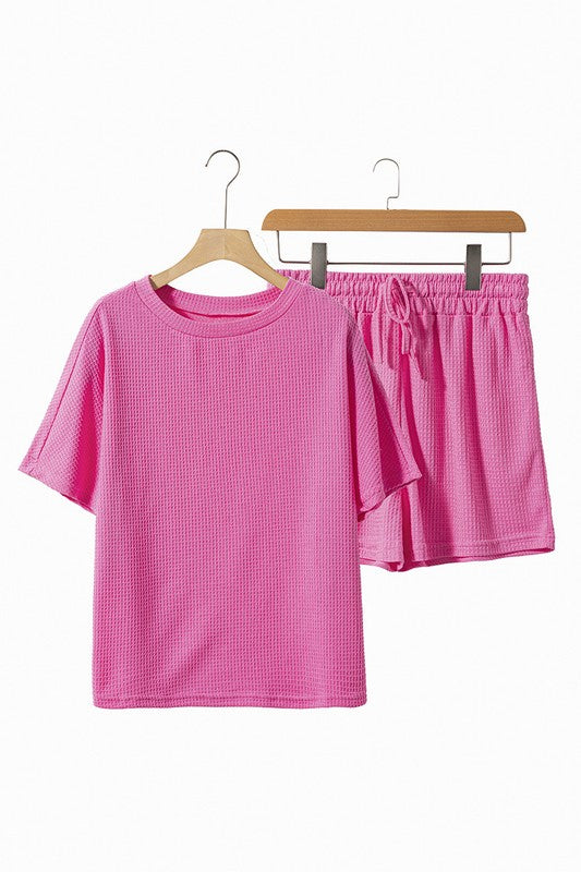 Women Textured Tee and Drawstring Shorts Set