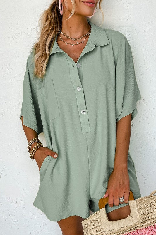 Women Half Button Collared Loose Romper