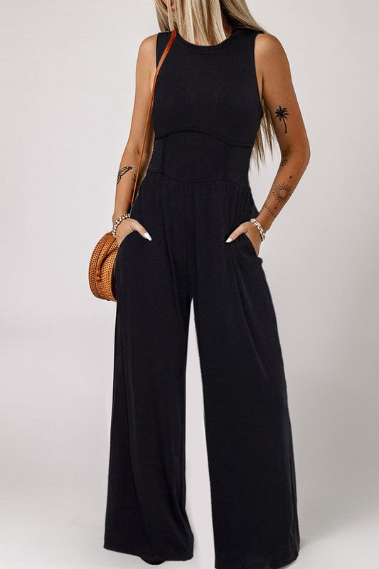 Women Cinched Waist Sleeveless Wide Leg Jumpsuit